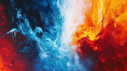 Poster - Dynamic abstract clash between fire and ice, with intense colors and textures representing the powerful opposition of heat and cold.