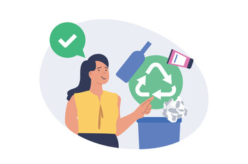 Aufkleber - Ecology concept in modern flat design for web. Woman with eco friendly mindset collecting and separating garbage into disposal bins for recycling at factory and waste management. Vector illustration.
