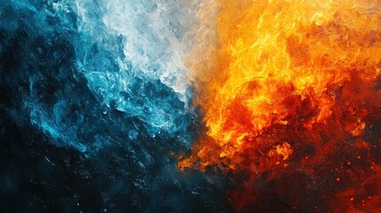 Poster - Dynamic abstract clash between fire and ice, with intense colors and textures representing the powerful opposition of heat and cold.