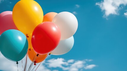 A joyful assortment of bright balloons rises against the backdrop of a sunny, blue sky, capturing the essence of celebration, hope, and dreams.