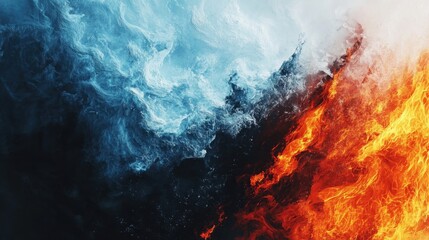 Poster - Dynamic abstract clash between fire and ice, with intense colors and textures representing the powerful opposition of heat and cold.