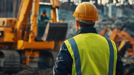Poster - Dynamic view of an engineer directing heavy machinery as steel frames rise in the background, emphasizing leadership at a construction site.