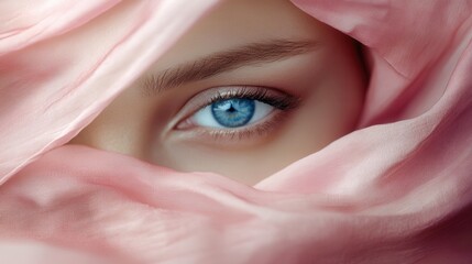 Poster - A captivating blue eye is visible, framed by delicate pink fabric, creating a serene and intriguing atmosphere. Generative AI