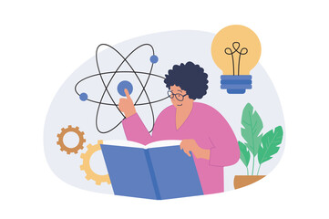 Aufkleber - Education concept in modern flat design for web. Woman work as teacher, explaining physics at lesson in school. Student reading books and learning sciences, getting knowledges. Vector illustration.
