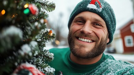 A cheerful man wearing a green beanie smiles warmly while standing beside a decorated Christmas tree covered in snow in a residential outdoor winter scene.