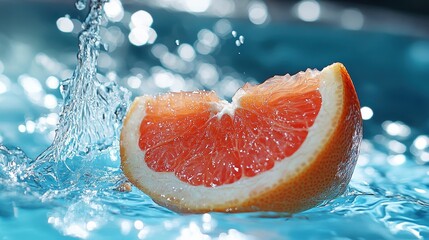 A refreshing slice of grapefruit, captured mid-splash in vibrant blue water, symbolizes freshness and vitality, immersed in a colorful, dynamic setting.