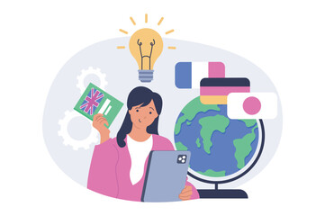 Fototapete - Education concept in modern flat design for web. Woman learning english, japan, german and french languages at online courses and getting new cognition with global trainings. Vector illustration.