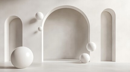 Aufkleber - Minimalistic arched interior with floating white spheres