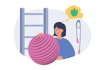 Aufkleber - Education concept in modern flat design for web. Woman exercising with fitness ball and jumping rope in gym, training heart and doing cardio workout, dieting for body health. Vector illustration.