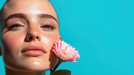 Poster - A close-up view of a person with freckles gently pressing a pink flower against their cheek, highlighting the contrast between softness and natural beauty.