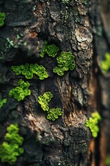 Wall Mural - Close up of green moss growing on tree bark in forest. Nature texture background