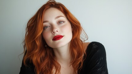 A sophisticated woman with red lips and freckled skin poses elegantly against a muted background, expressing confidence and contemporary style in an alluring manner.