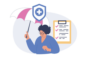 Poster - Insurance concept in modern flat design for web. Woman with umbrella using healthcare protection document and medicine support service for saving health and life in accident. Vector illustration.