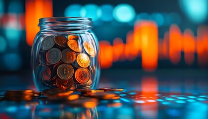 Poster - A close-up of a transparent jar filled with coins, sitting on a reflective surface, with a colorful background of blue and orange light patterns.