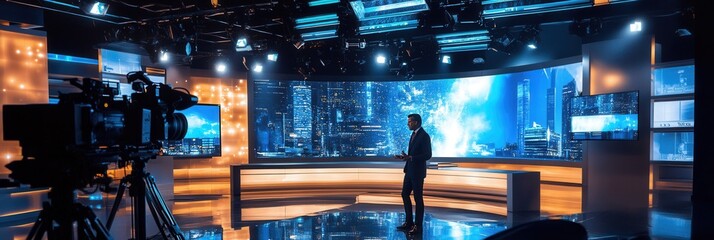 Leinwandbilder - A news anchor stands confidently in a sleek studio, ready to deliver the evening news against a vibrant city skyline backdrop. Generative AI