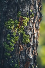 Wall Mural - Closeup of green moss growing on tree bark, abstract natural texture