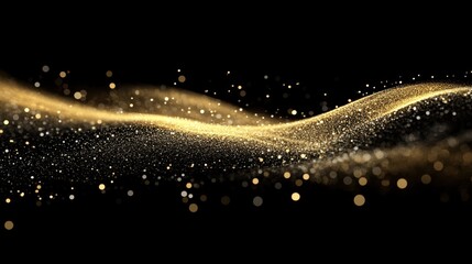Poster - Glittering gold particles form a wave on a deep black background, creating a luxurious and dynamic visual for futuristic designs.
