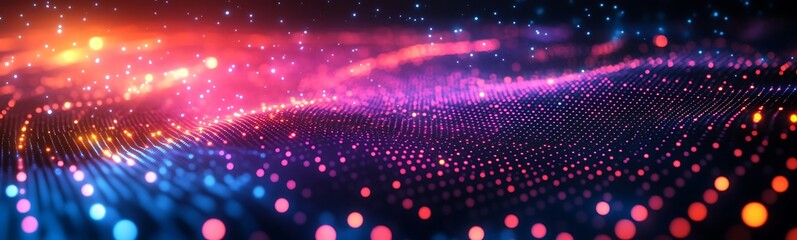 Poster - a vibrant, abstract representation of colorful lights and particles, creating a dynamic, wave-like p