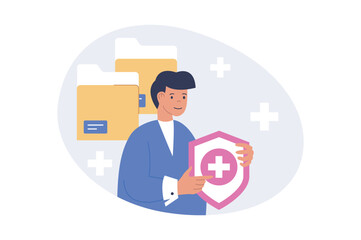 Poster - Insurance concept in modern flat design for web. Man concludes agreement of healthcare policy and medical savings plan for health and life save, hospital support in emergency. Vector illustration.