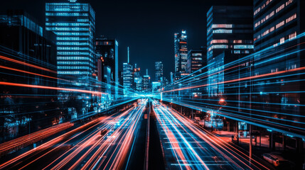 Nighttime cityscape with light trails from busy traffic on a modern urban highway, showcasing vibrant colors and skyscrapers