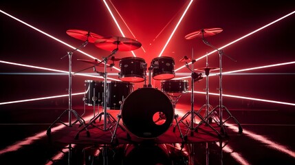 Drum Set with Red Neon Lights  Music Studio  Music Equipment  Rock Music  Band  Drums  Cym