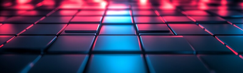 Poster - A visually striking surface of glossy tiles illuminated by vibrant blue and red lights, creating a futuristic ambience.