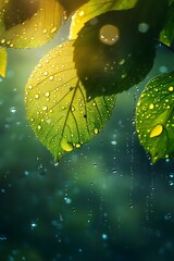 Sticker - Close up of Raindrops on Green Leaves with Sunbeams