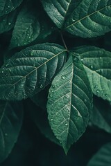 Wall Mural - Green leaves with water drops, nature background