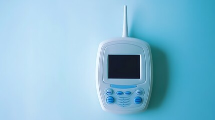 White baby monitor with screen and buttons on a blue background