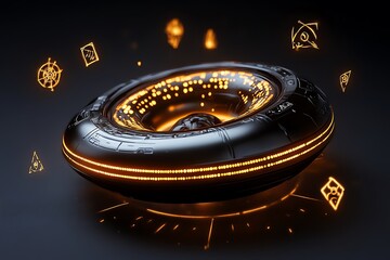 Poster - Fantasy spaceship warp drive glowing with enchanted light, surrounded by floating runes and magical symbols
