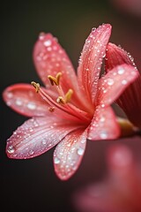 Poster - Close up of a delicate pink lily flower with water droplets.  Nature, flora, beauty, and freshness concept