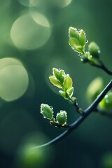 Canvas Print - Close up of delicate green leaves with dew drops on a branch, Spring awakening and new life concept