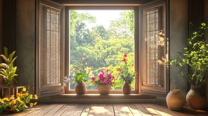 Balcony window in Bali style, decorated with flower vases and soft light that enhances the peaceful and cultural essence of the space.