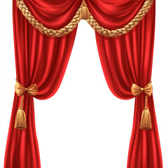 Red stage curtain with tassels illustration on a white background. The red velvet curtain is on the left and right sides of the picture with gold tassels.