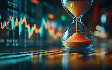 Leinwandbilder - A modern hourglass sits in front of fluctuating financial charts, symbolizing the passage of time and its significance in trading and investment decisions.