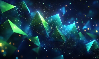 Poster - a mesmerizing abstract image featuring luminous green and blue triangular shapes amidst a backdrop o