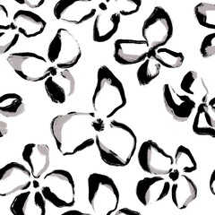 Seamless abstract botanical pattern. Simple background with black, grey, white texture. Digital brush strokes. Flowers. Design for textile fabrics, wrapping paper, background, wallpaper, cover.