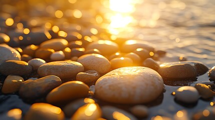 Poster - A close-up of smooth pebbles glistening under a warm sunset, resting by the water's edge, creating a tranquil and serene atmosphere.