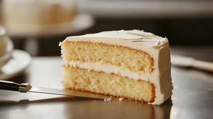 A close-up of a moist vanilla cake slice with smooth, creamy frosting between two layers. The soft texture and sweet frosting make it an irresistible dessert.