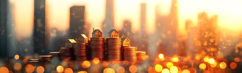 Poster - A stack of coins glimmers in the foreground with a blurred city skyline in the background, evoking themes of finance and wealth.