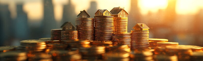 Poster - A stack of coins forms the foundation for miniature houses, symbolizing wealth, investment, and the real estate market against a city backdrop.