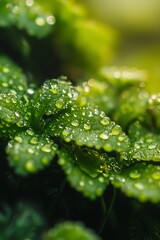 Canvas Print - Macro shot of dew drops on green leaves