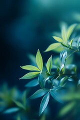 Poster - Closeup of green leaves on a branch with a blue background. Nature wallpaper for mobile phone, social media or desktop