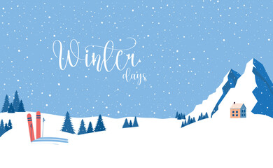 Winter vector design. Winter days.Hello,Winter.Greeting text with skis and fir trees in the mountains for cold season celebration. Let is Snow. Vector illustration.Great for  banners, wallpapers, card