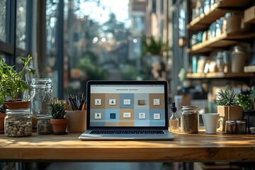 Poster - Laptop on a wooden table with plants and jars