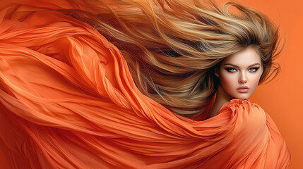 This stunning portrait features a model with flowing hair, draped in vibrant orange fabric, creating an elegant and dramatic visual effect that captivates the viewer.