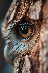 Wall Mural - closeup of owl's eye with tree bark background, bird of prey