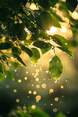 Canvas Print - Closeup of green leaves with water droplets, bokeh background, golden sunlight. Beautiful nature photography.