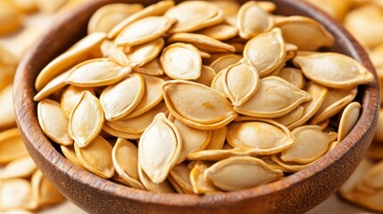 A wooden bowl filled with pumpkin seeds.