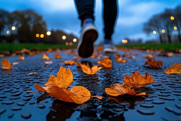 Poster - Figure walking through a park at dusk, surrounded by soft light as they reflect on yesterdayâ€™s moments, with fallen leaves scattering the path